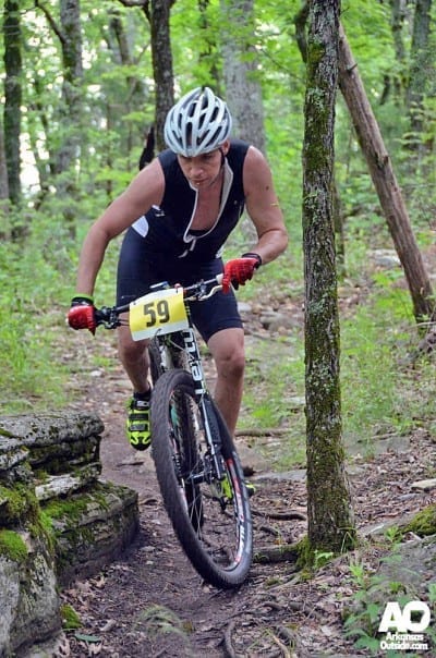 A racer making adjustments on the final decent of the White River Bluff Trail.