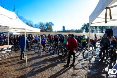Receiving the race instructions in the early morning cold.