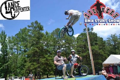 BMX biker, Murray Polka whipping over Lance Carpenter