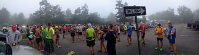 Racers gathering at the start. The one way sign is particularly ominous. We had but one way to go - down the mountain and back up.