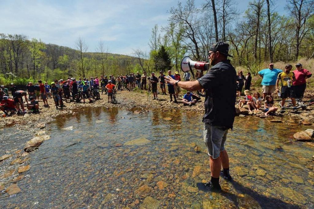 Speaking to the crowd at the Ozark Mountain Bike Festival, Devil's Den State Park.