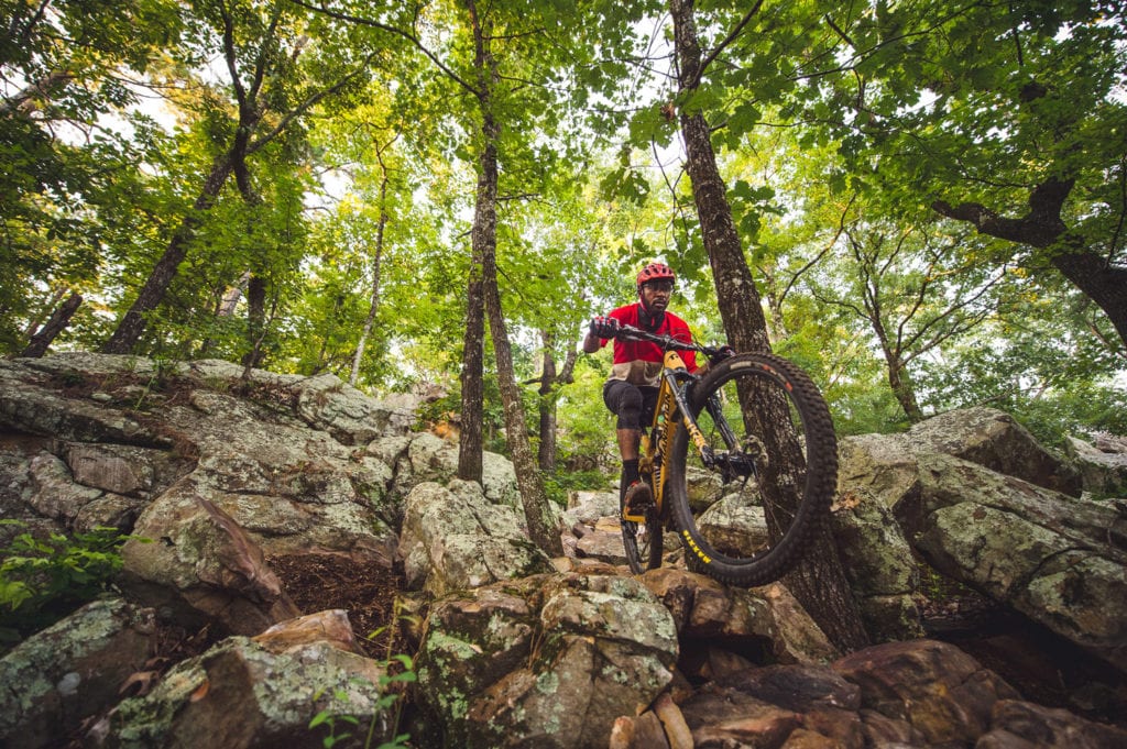 Mountain biker enjoying some of the more difficult trails at Pinnacle Mountain State Park.
