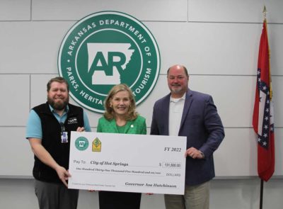 Matching grant award from left to right: Hot Springs Parks Director Anthony Whittington, Arkansas Department of Parks, Heritage and Tourism Sec. Stacy Hurst and City Manager Bill Burrough