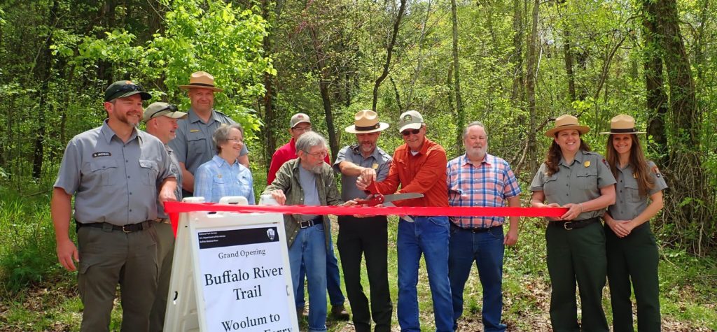 Members of the Ozark Society, Searcy County Chamber of Commerce, Ozark Highland Trail Association, and Buffalo National River Staff gathered for a ribbon cutting at the Grinders Ferry Buffalo River Trailhead on April 25th, 2022.