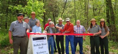 Members of the Ozark Society, Searcy County Chamber of Commerce, Ozark Highland Trail Association, and Buffalo National River Staff gathered for a ribbon cutting at the Grinders Ferry Buffalo River Trailhead on April 25th, 2022.