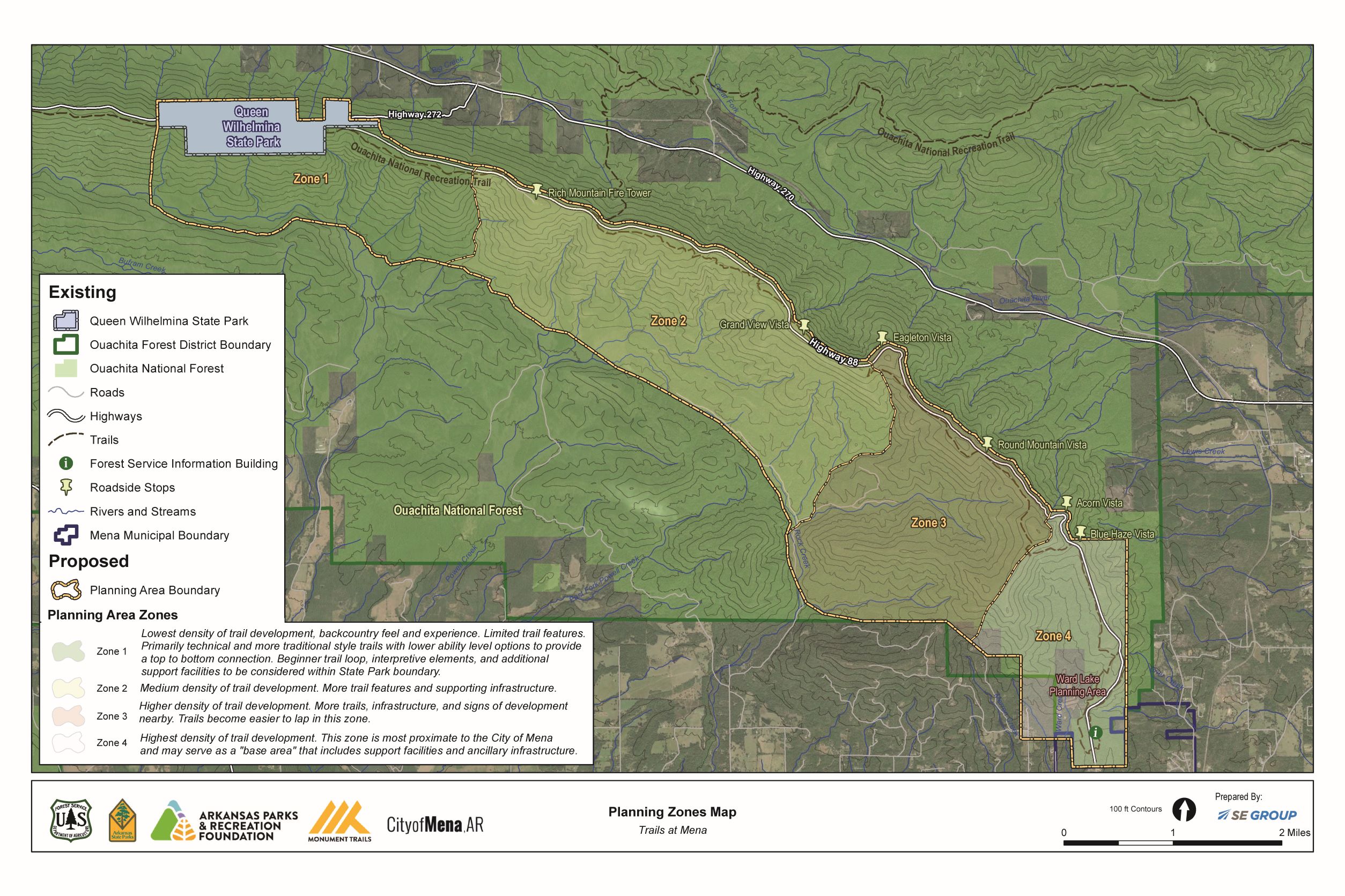 Zones 1 through 4 show areas that may represent different types of mountain bike trails.