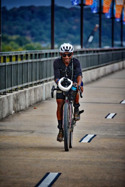 Ernie Lechuga, crossing the Big Dam Bridge in Little Rock on his way to winning the AHCR.