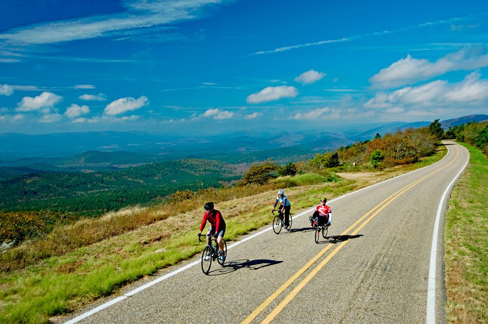 Cyclists riding on the Talimena Scenic Highway.