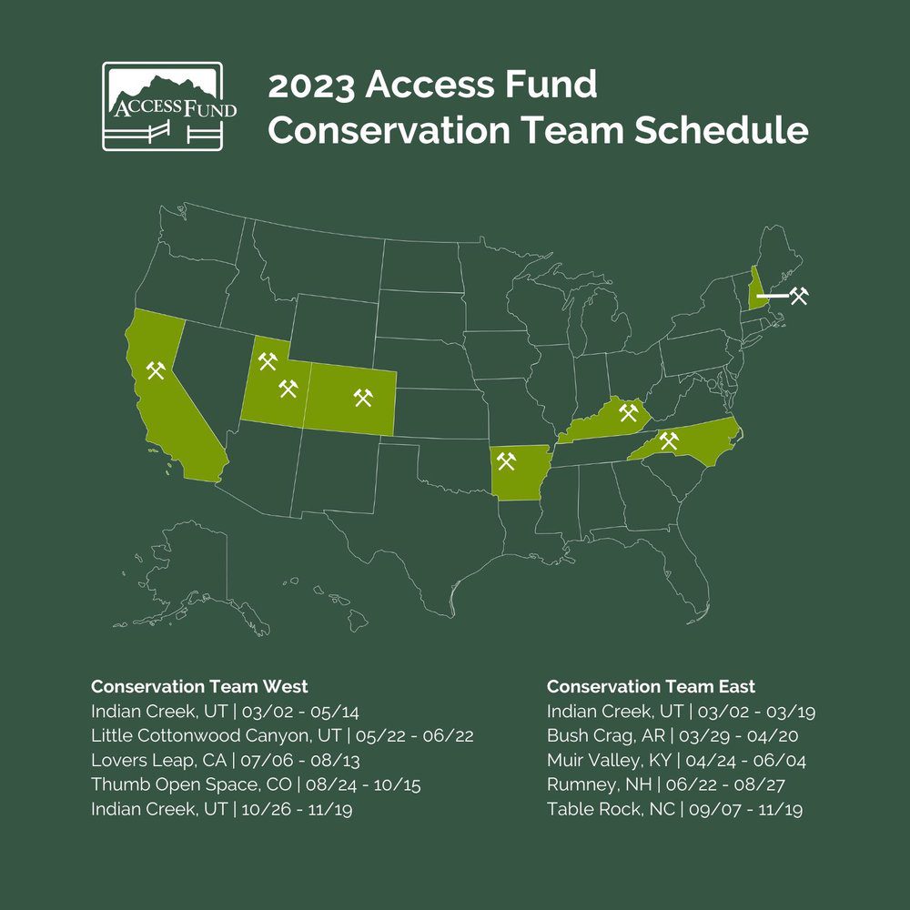 The Conservation Teams are headed to a crag near you, mark your calendar and come out to lend a hand.
