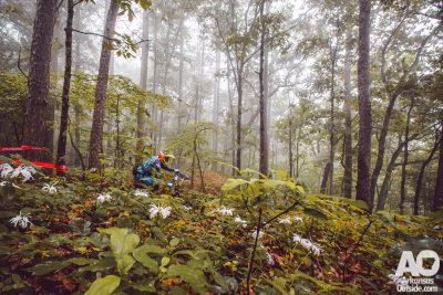 Rider racing through the lifting fog on Stage 2.