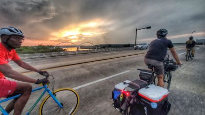 Bicyclists crossing the Main Street Bridge from Little Rock into North Little Rock.