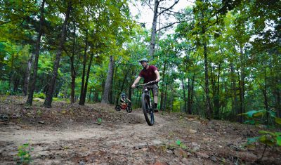 A father and son enjoy the new trail.