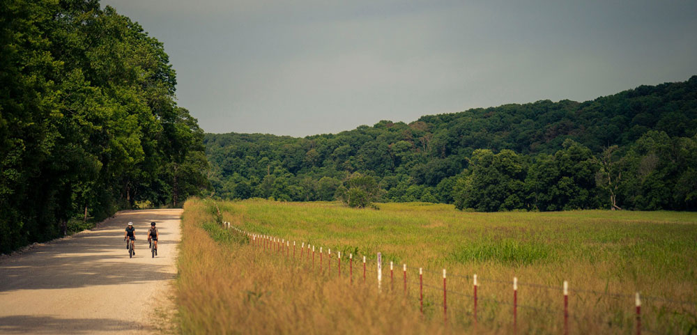 Skirting farmland through the Ozarks.