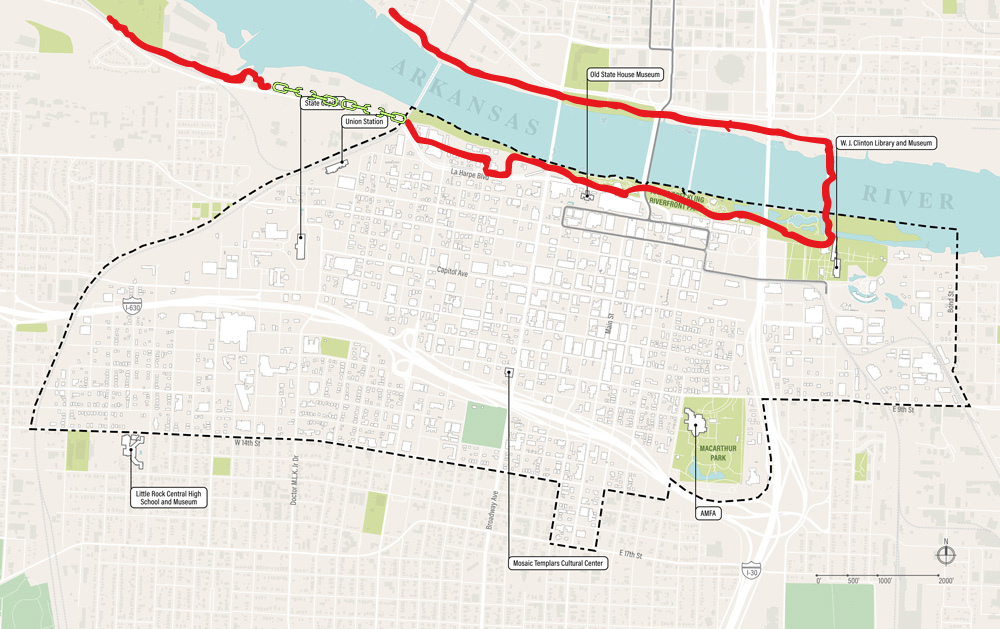 Master Plan Area with the Arkansas River Trail in red and the break in the loop in yellow.