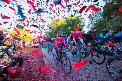 Confetti flies at the Hincape Gran Fondo.