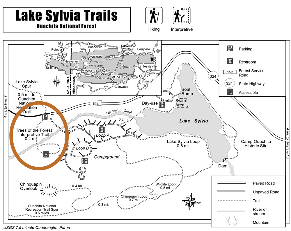 The Trees of the Forest trail is circled. Parking is about 100 feet east of the campground entrance.