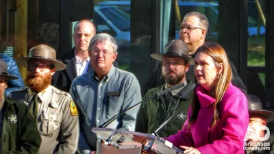 Governor Sarah Huckabee Sanders speaking at the opening of the new Visitor Center at Pinnacle Mountain State Park.