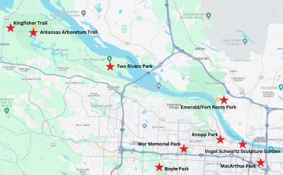 Map of some stroller-friendly trails in central Arkansas.