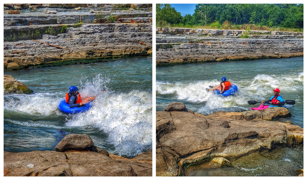Lisa and Tina taking a drop in the innertubes.