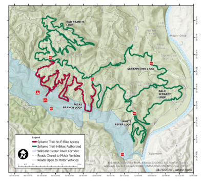 Syllamo Mountain Bike Trail System showing Jack’s Branch Loop exclusion