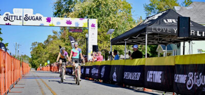 Christopher Blevins finishing first in this year's LIFE TIME Little Sugar Mountain Bike Race.