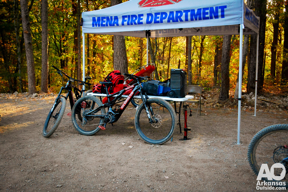 Fire Department mountain bikes and wheeled gurney.