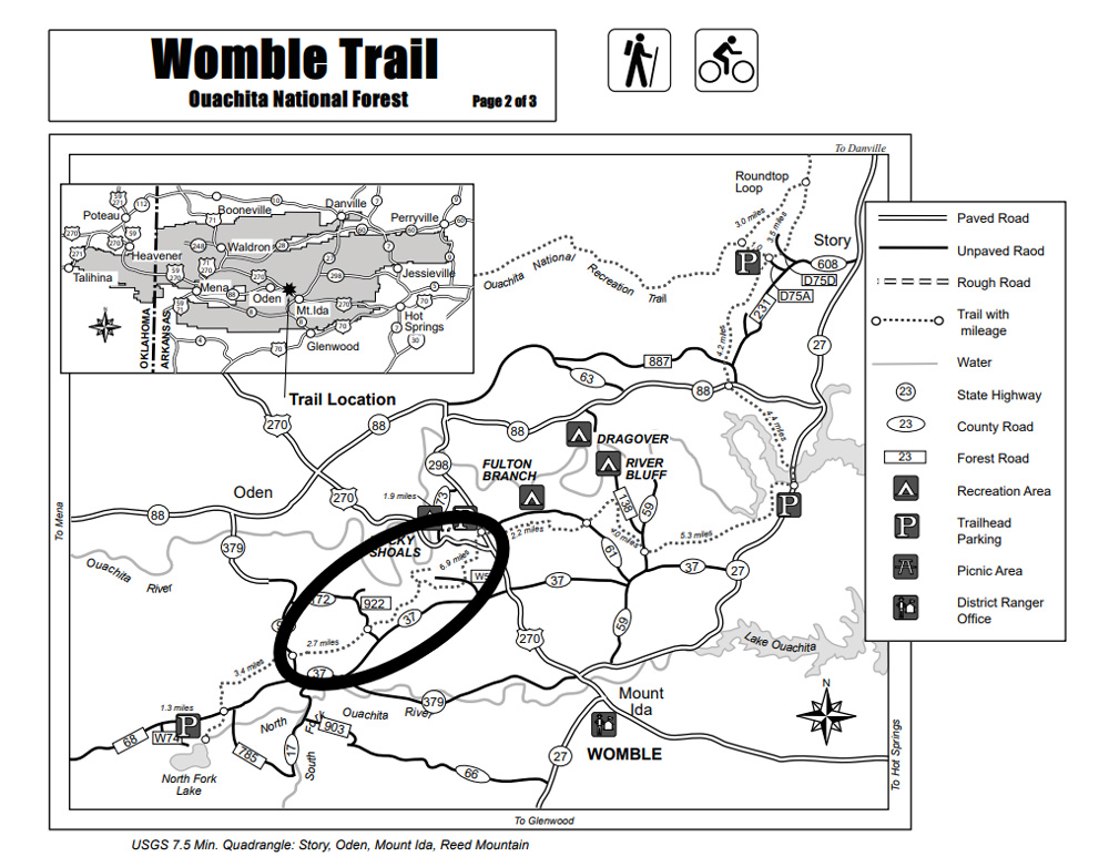 The affected area is circled on the map of the Womble Trail.