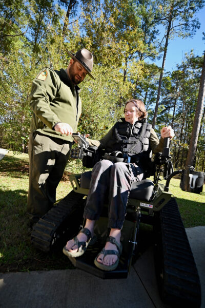 Corbin Merriott Superintendent of Logoly State Park provides tutorial on parks new Trackchair.
