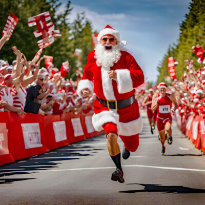 Santa Goes Full Strava. Santa running, canoeing, rock climbing, etc.