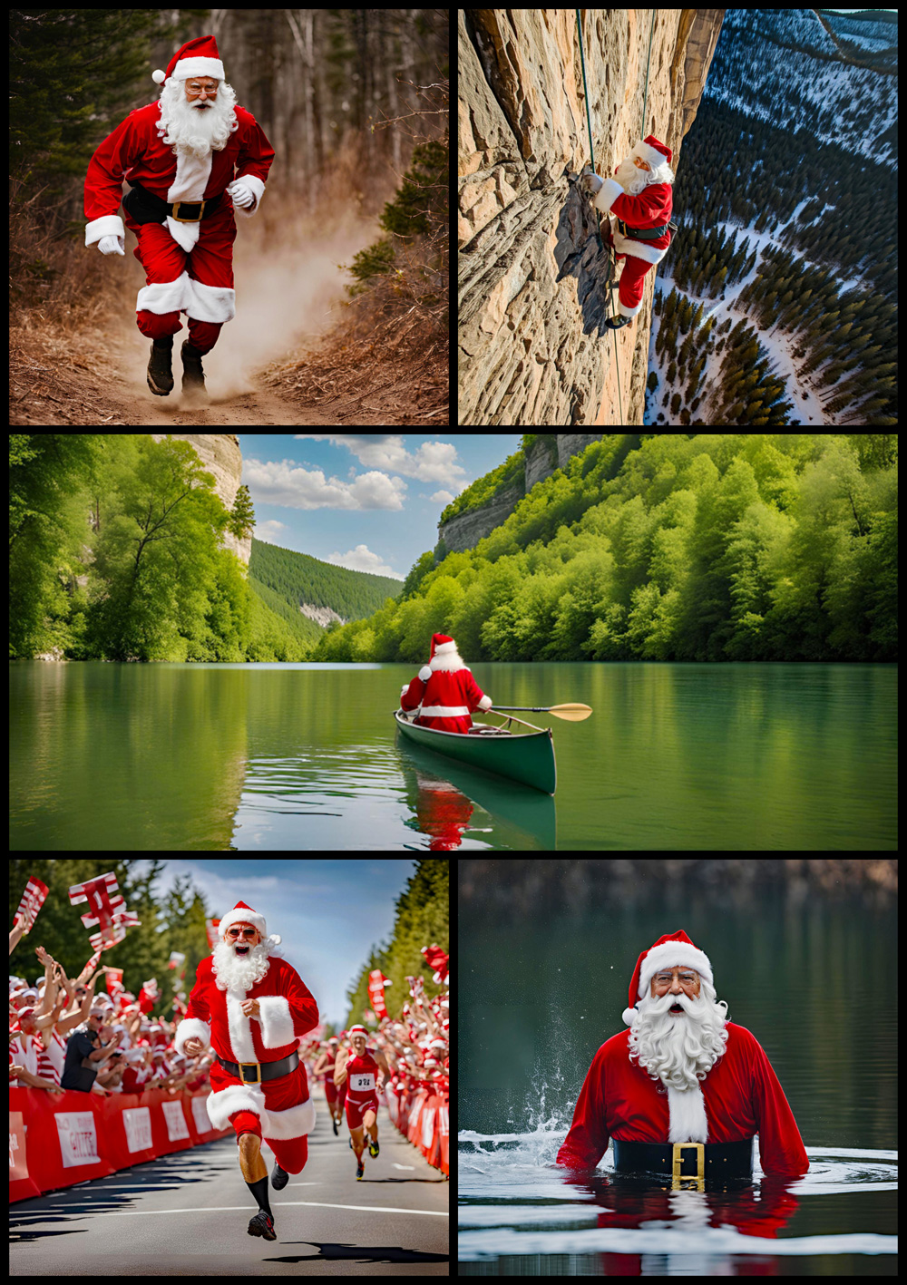 Santa Goes Full Strava. Santa running, canoeing, rock climbing, etc.