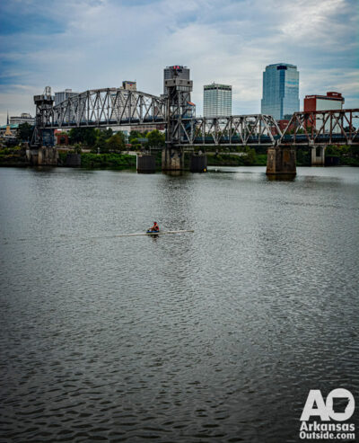 Rowing past the Little Rock skyline.