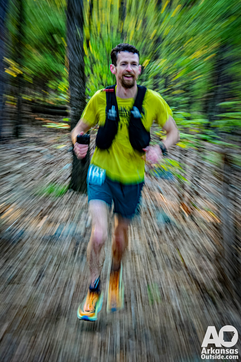 50k winner, Matt Pruitt coming into the Lake Vista Aid Station. Ouachita Trail 50 2025 Results