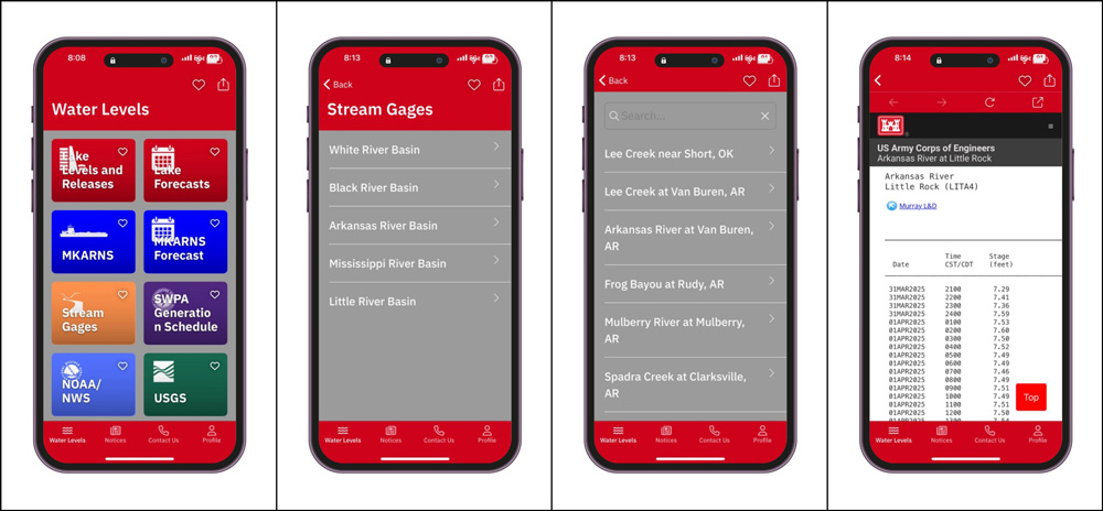 Various screens available in the new USACOE Little Rock District app.