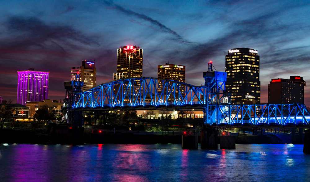 Little Rock Skyline at Night including one of several pedestrian/bike bridges.