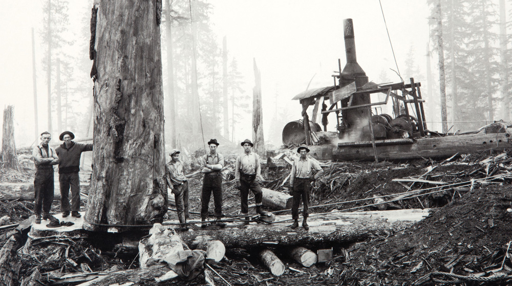 Darius Kinsey (Maryville, Missouri, 1869 - 1945, Sedro-Woolley, Washington), Yarding Logs, Washington, 1936, gelatin silver print on paper, 17 1/2 x 20 1/2 in., On loan from the Bank of America Collection.