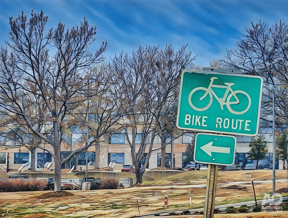 An old sign left from a prior attempt to route the Arkansas River Trail on the south side of Cantrell Road in front of the Episcopal School.