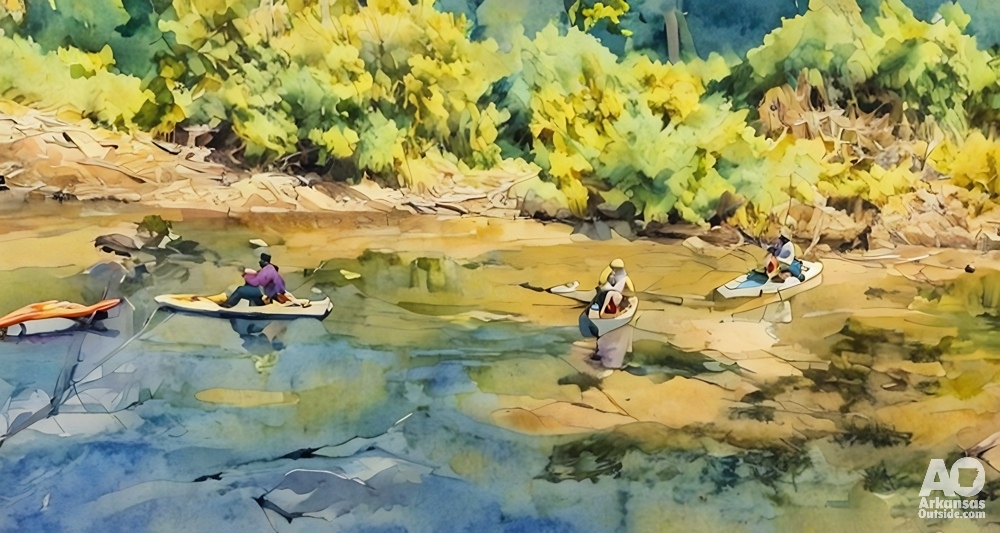 Three people fishing from kayaks in a small creek. Digital Painting.