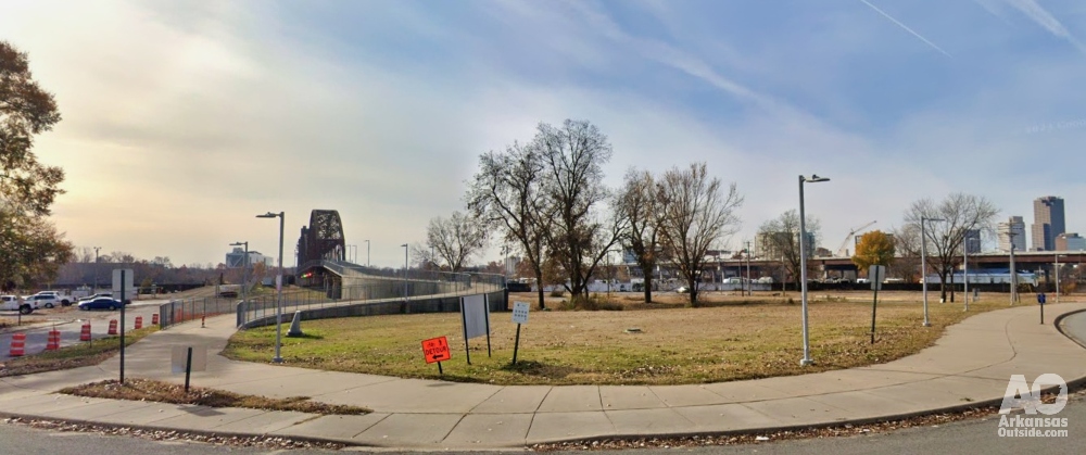 Photo of the base of the Clinton Library Bridge.