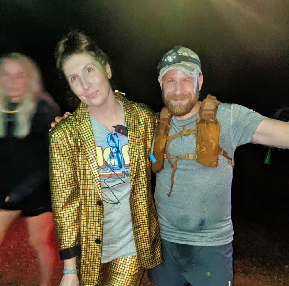 The author dressed to impress for the tired runners.