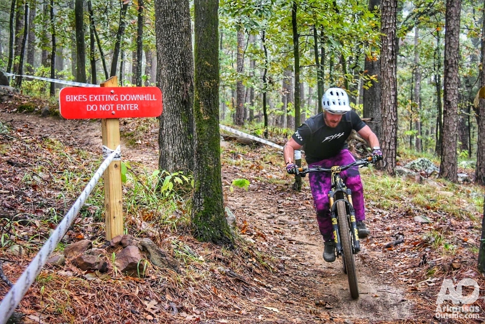 A rider exiting Bobcat Way at Pinnacle Mountain State Park just before the finish of the stage.