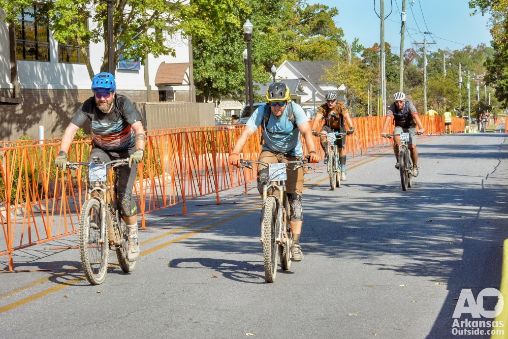 Finish of the Little Sugar Mountain Bike Race in downtown Bentonville, Arkansas.