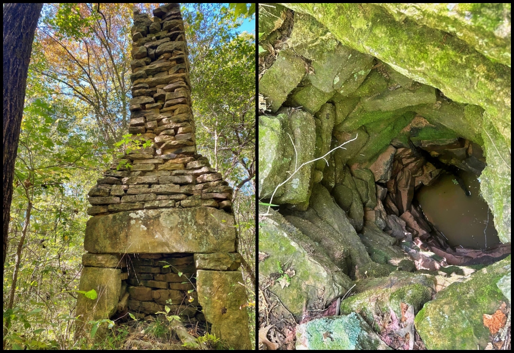 Homestead features, a chimney and a well, found in the Ozarks.