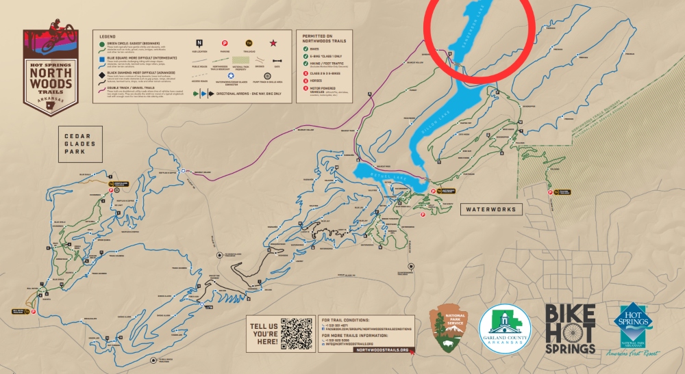 Map of Northwoods/Cedar Glades Trails. New trails will be built in the section in and around the red circle.