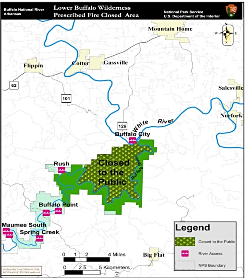 Map showing the Lower Buffalo Wilderness prescribed burn and temporary closure area within Buffalo National River.