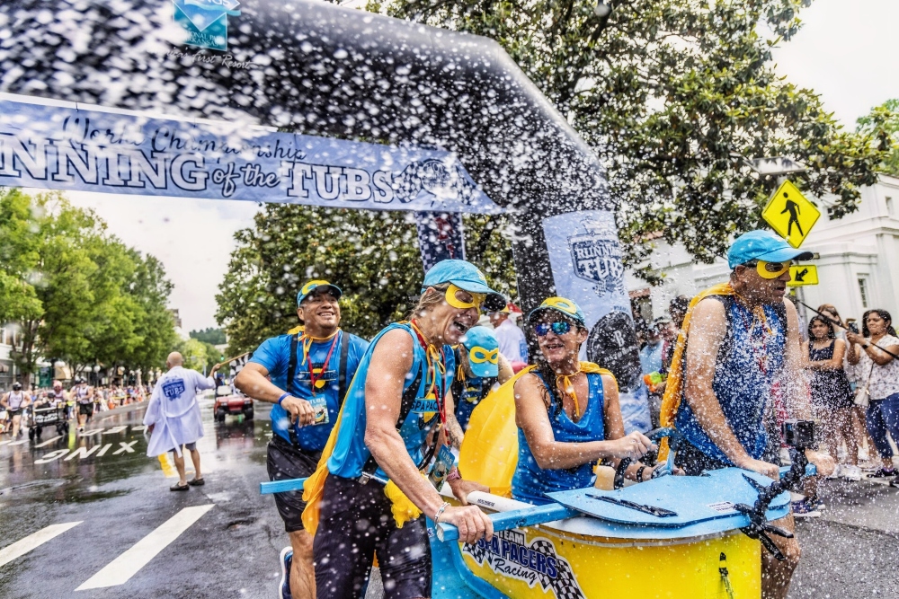 Decorated bathtub on wheels ready for judging at the Running of the Tubs in Hot Springs