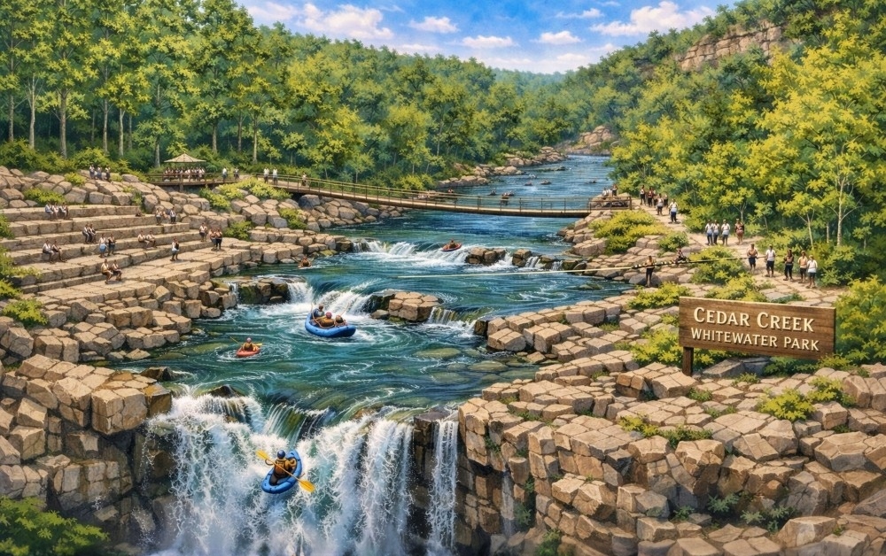 An A.I. drawing of a possible concept of a whitewater park on Cedar Creek at Petit Jean Mountain.