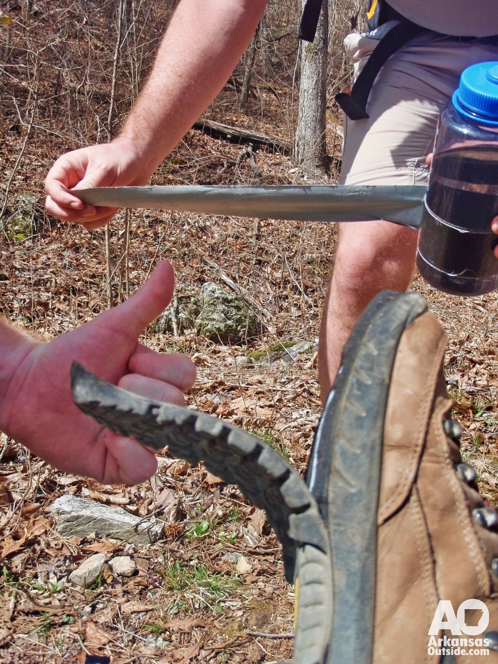 Hiking boot sole repaired with duct tape on the Eagle Rock Loop backpacking trail