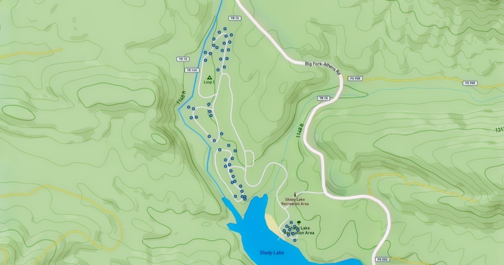 Campsite locations at Shady Lake Recreation Area.
