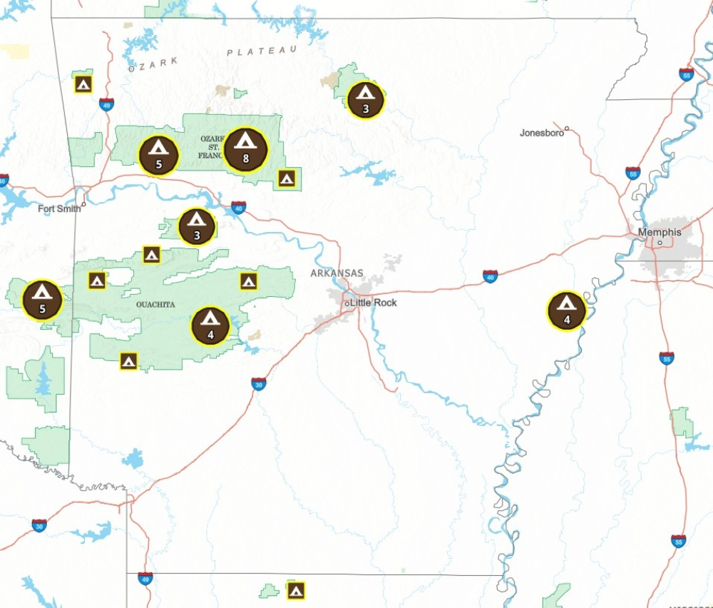Interactive map. Users can zoom in and click on various US Forest facilities for more information.