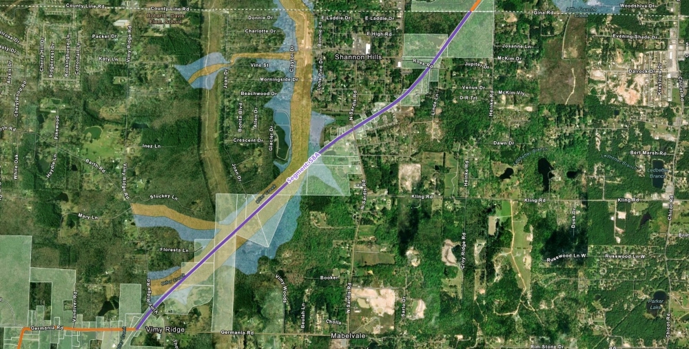 Map showing the Southwest Trail, Section 8A between the Pulaski County line and Germania Road in Saline County.